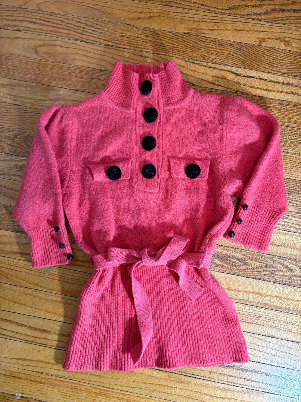 Vintage 50s Style Belted Coral Knit Mock Neck Sweater with Velvet-y Buttons